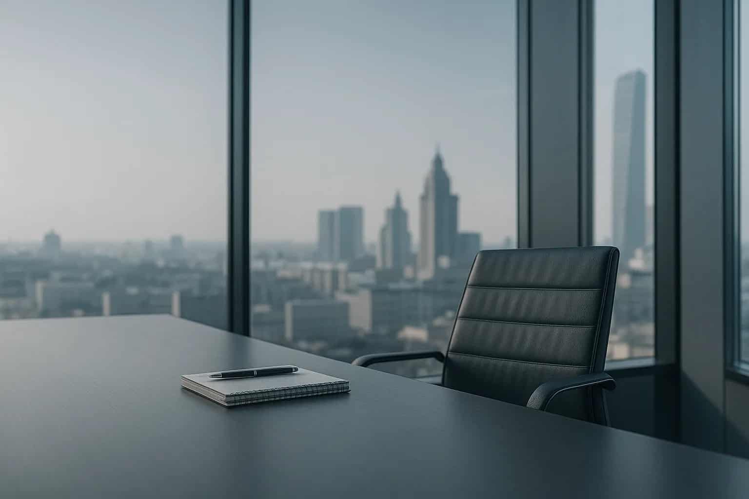 Modernes Büro mit Blick über die Skyline, Sinnbild für die Finanzberatung von Benaro Finanzen